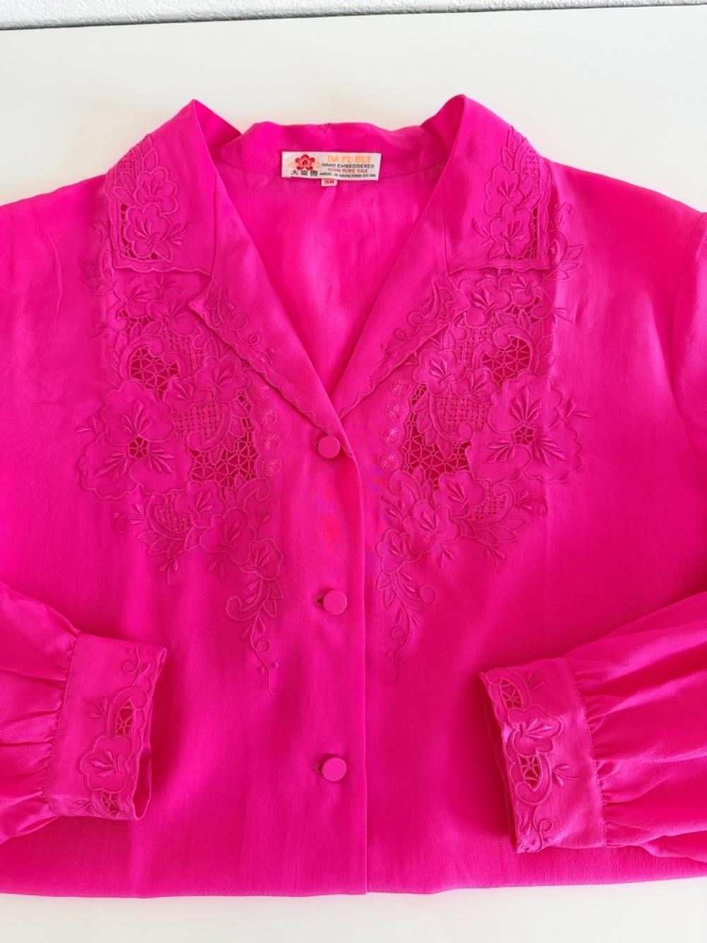 Fuchsia Embroidered Button-Front Blouse